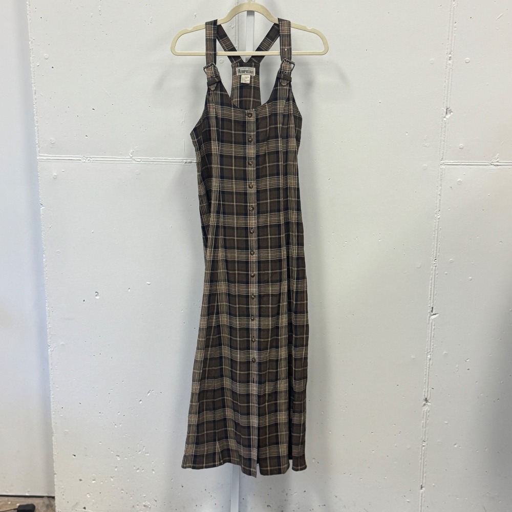 Y2K Aeropostale Vintage Plaid Jumper Dress Brown Tan Button Front Overall Midi